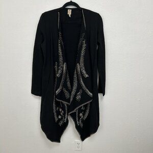 XCVI Black Embroidered Open Front Waterfall Cardigan Woman's Sz S Boho Lagenlook
